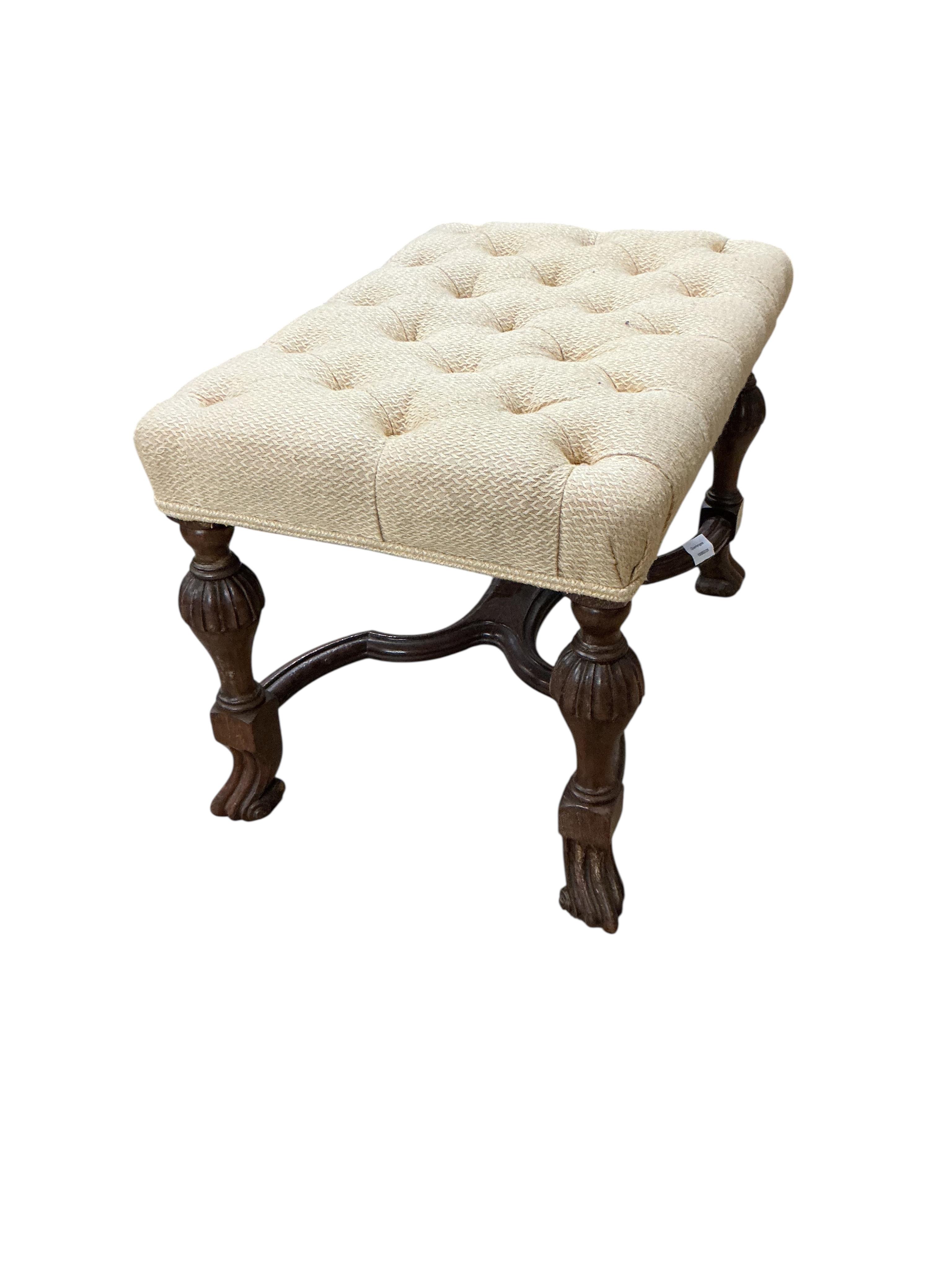 A William and Mary style walnut dressing stool, with a buttoned upholstered seat, width 63cm, depth 43cm, height 45cm